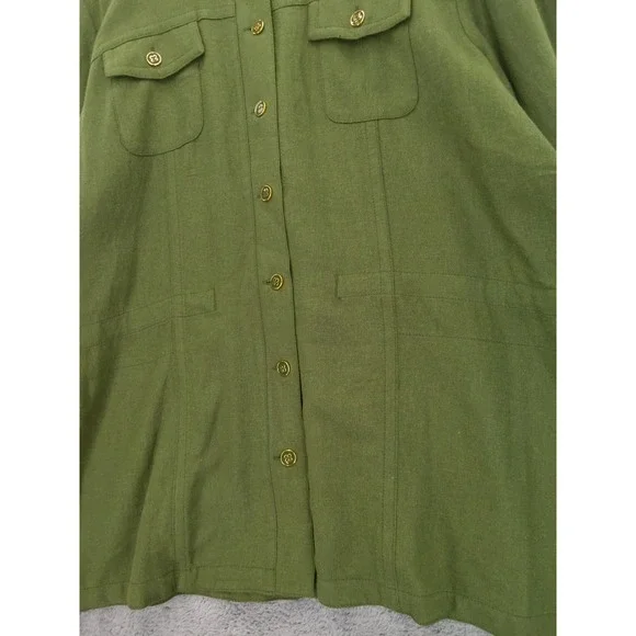 Susan Graver Pure Olive Green Linen Blend Mandarin Collar Button Up Shirt Top XL - Picture 3 of 10